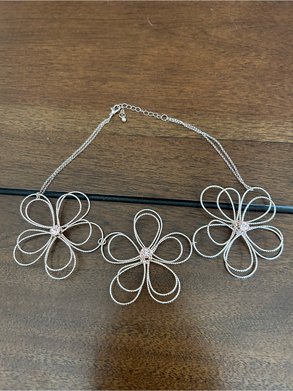 Rose Gold Wire Loop Floral Statement Necklace – Rhinestone Center Flowers